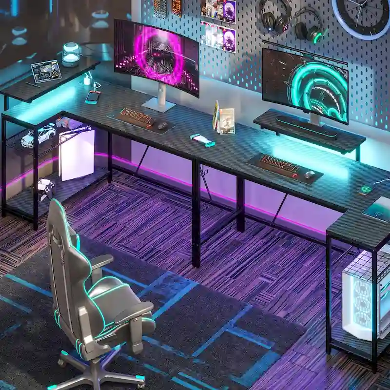 Bureau d'angle réversible LED avec prises de courant intégrées, support d'écran et grille de rangement