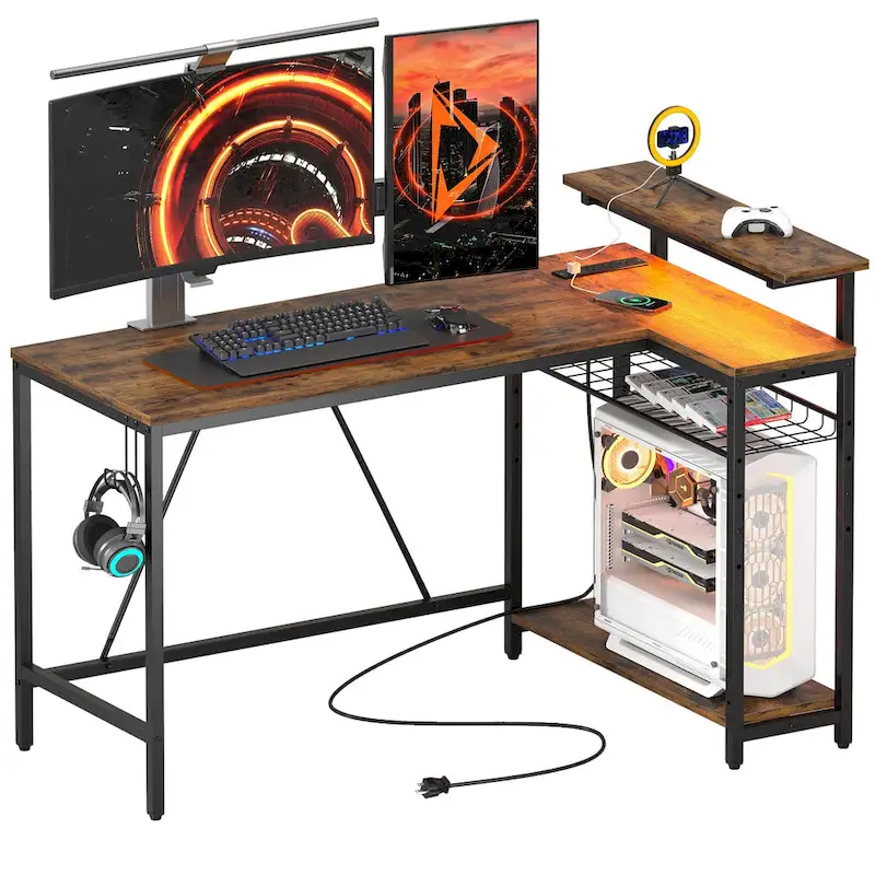 Bureau d'angle réversible LED avec prises de courant intégrées, support d'écran et grille de rangement