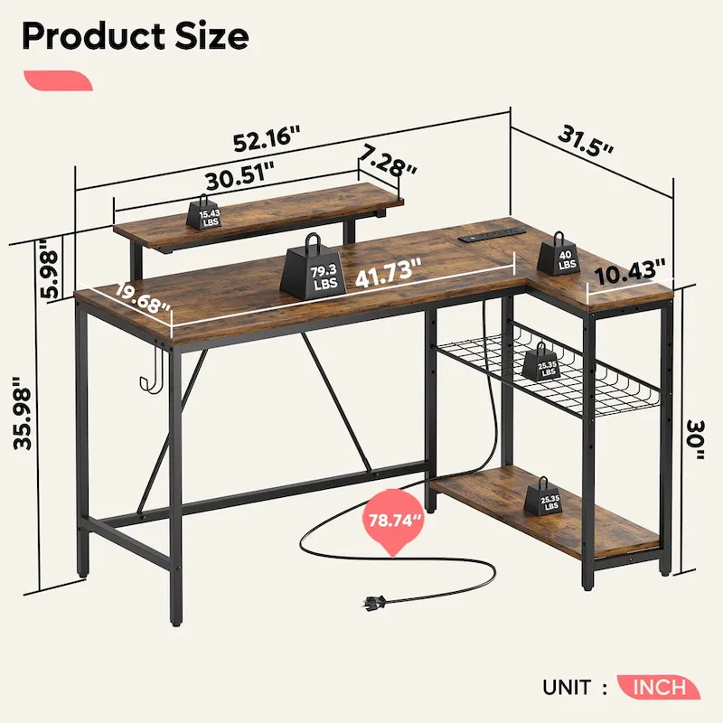 Bureau d'angle réversible LED avec prises de courant intégrées, support d'écran et grille de rangement