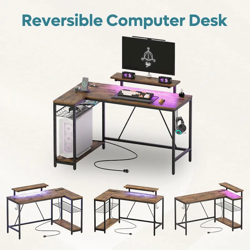 Bureau d'angle réversible LED avec prises de courant intégrées, support d'écran et grille de rangement