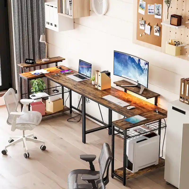 Bureau d'angle réversible LED avec prises de courant intégrées, support d'écran et grille de rangement