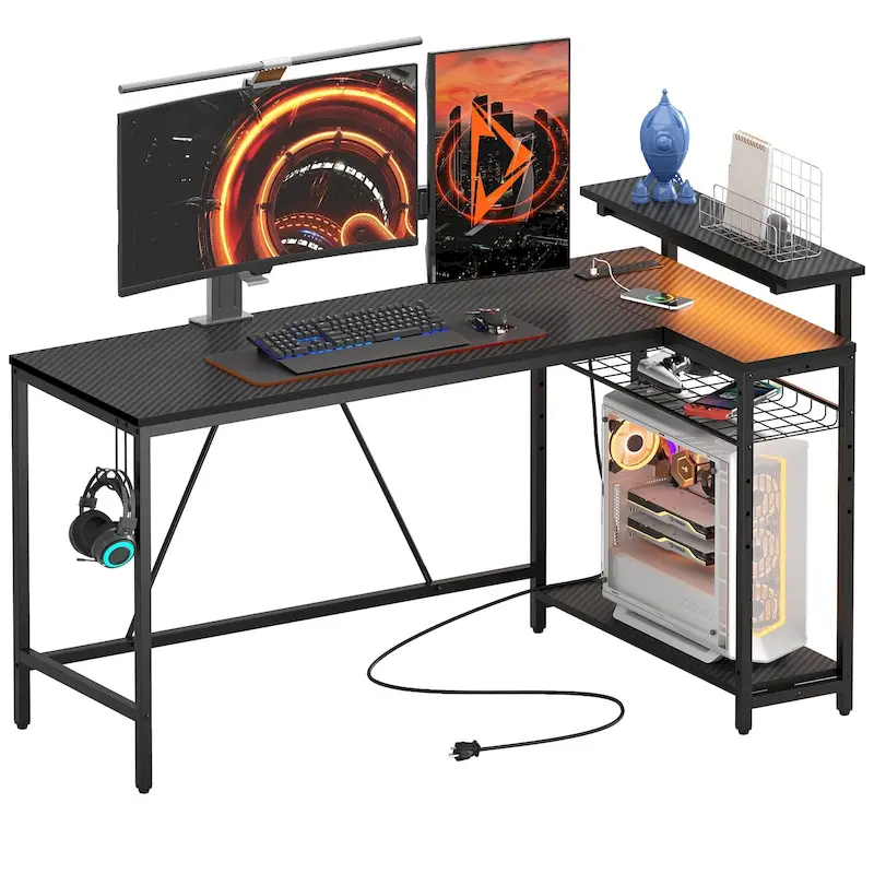 Bureau d'angle réversible LED avec prises de courant intégrées, support d'écran et grille de rangement