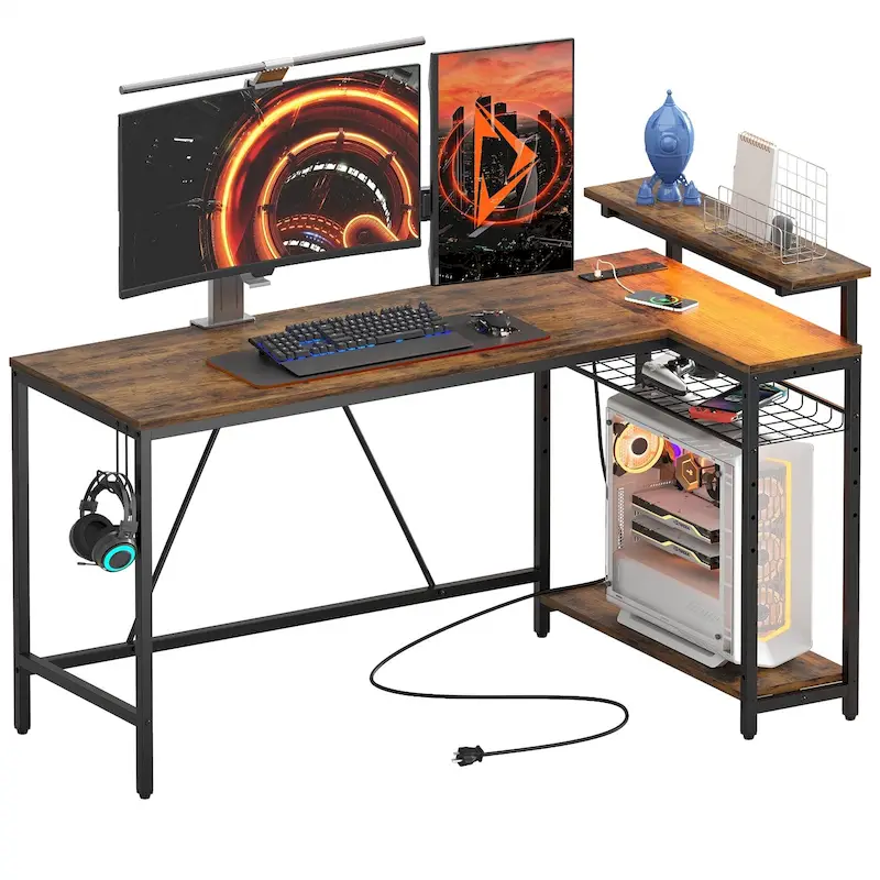 Bureau d'angle réversible LED avec prises de courant intégrées, support d'écran et grille de rangement