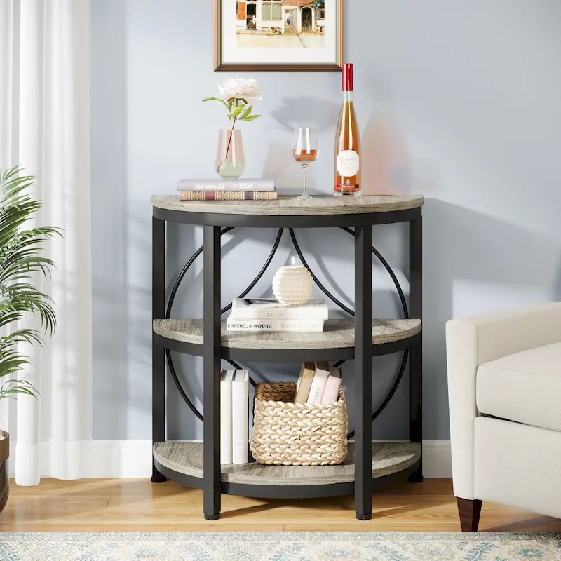 Table d'appoint étroite demi-ronde à 3 niveaux avec cadre en métal – Table d'appoint compacte