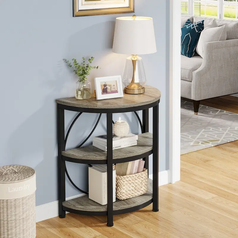 Table d'appoint étroite demi-ronde à 3 niveaux avec cadre en métal – Table d'appoint compacte
