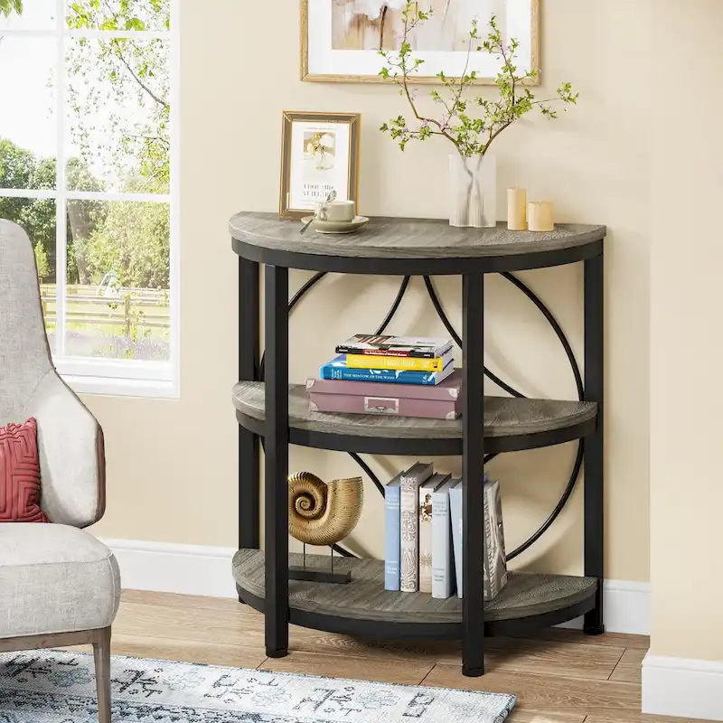 Table d'appoint étroite demi-ronde à 3 niveaux avec cadre en métal – Table d'appoint compacte