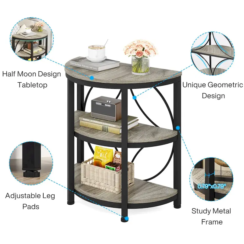 Table d'appoint étroite demi-ronde à 3 niveaux avec cadre en métal – Table d'appoint compacte