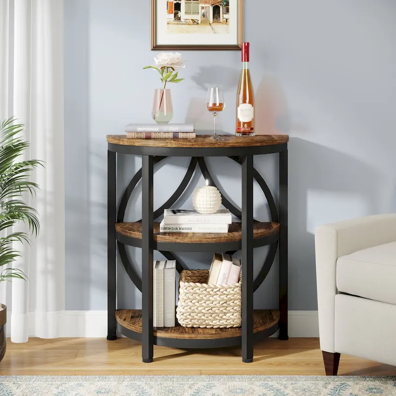 Table d'appoint étroite demi-ronde à 3 niveaux avec cadre en métal – Table d'appoint compacte