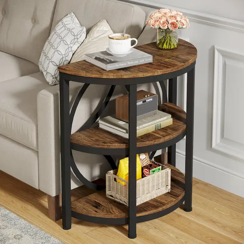 Table d'appoint étroite demi-ronde à 3 niveaux avec cadre en métal – Table d'appoint compacte