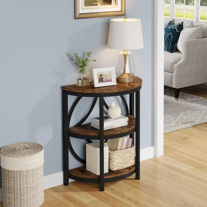 Table d'appoint étroite demi-ronde à 3 niveaux avec cadre en métal – Table d'appoint compacte