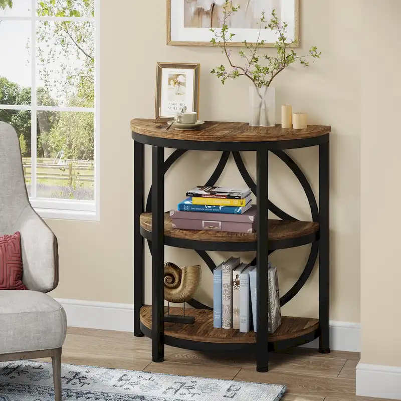 Table d'appoint étroite demi-ronde à 3 niveaux avec cadre en métal – Table d'appoint compacte