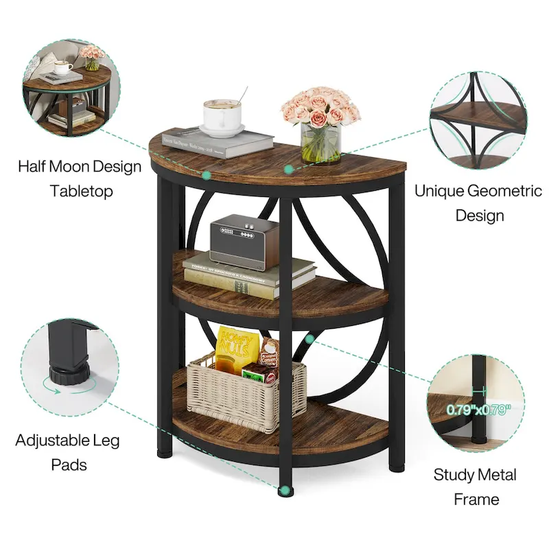 Table d'appoint étroite demi-ronde à 3 niveaux avec cadre en métal – Table d'appoint compacte