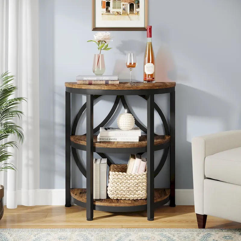 Table d'appoint étroite demi-ronde à 3 niveaux avec cadre en métal – Table d'appoint compacte