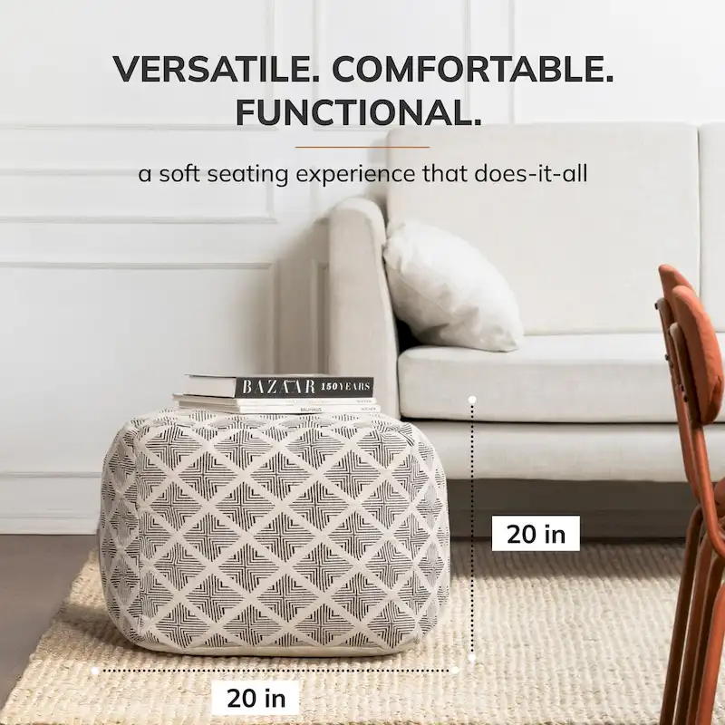 Pouf carré artisanal avec rembourrage en billes d'EPP – Noir et ivoire