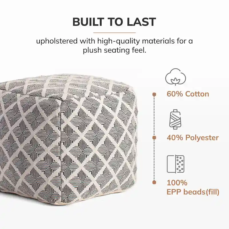 Pouf carré artisanal avec rembourrage en billes d'EPP – Noir et ivoire