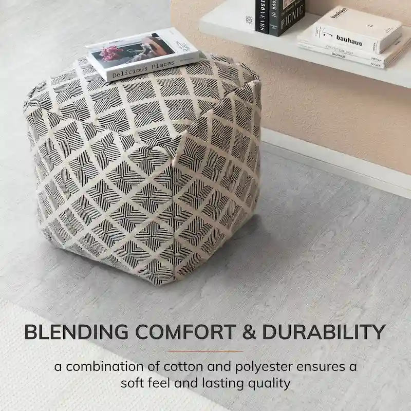 Pouf carré artisanal avec rembourrage en billes d'EPP – Noir et ivoire