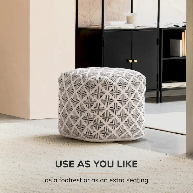 Pouf carré artisanal avec rembourrage en billes d'EPP – Noir et ivoire