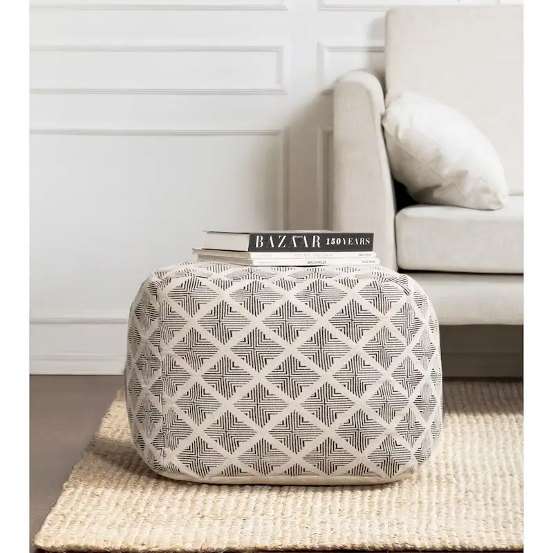 Pouf carré artisanal avec rembourrage en billes d'EPP – Noir et ivoire