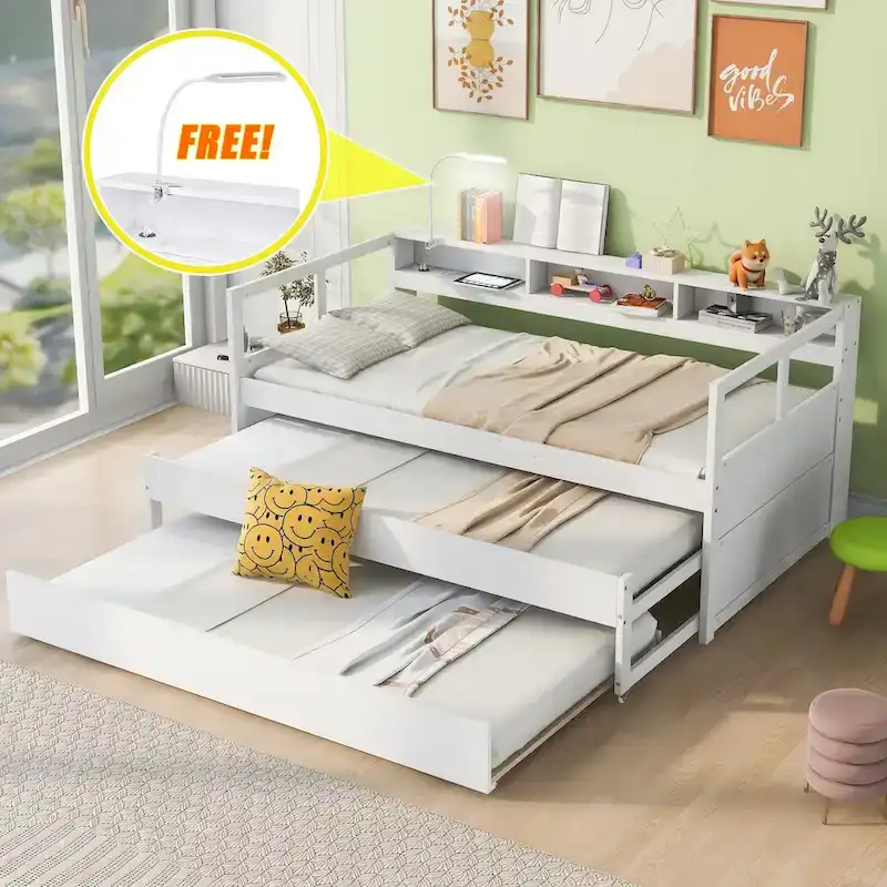 Lit de repos en bois double XL avec 2 tiroirs-lits gigognes, 3 casiers de rangement et port USB