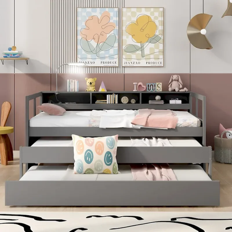 Lit de repos en bois double XL avec 2 tiroirs-lits gigognes, 3 casiers de rangement et port USB