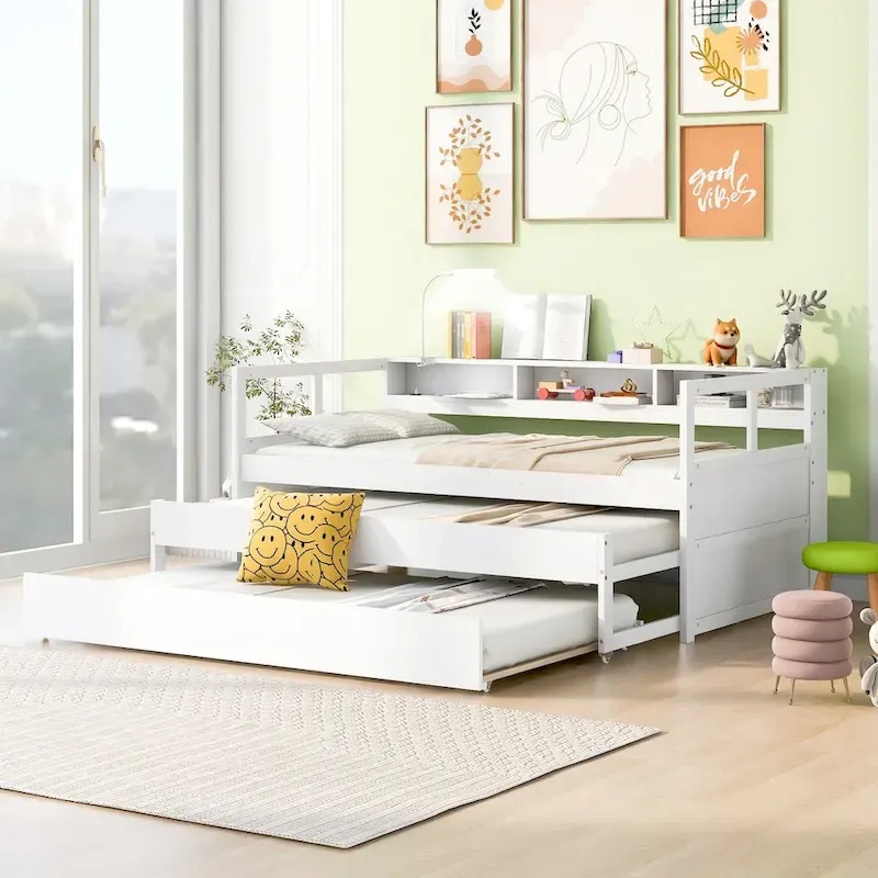 Lit de repos en bois double XL avec 2 tiroirs-lits gigognes, 3 casiers de rangement et port USB