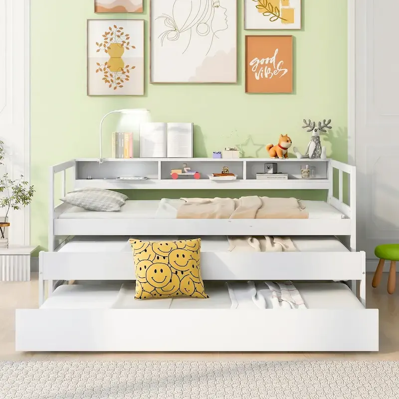 Lit de repos en bois double XL avec 2 tiroirs-lits gigognes, 3 casiers de rangement et port USB