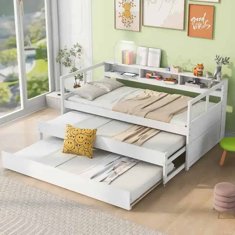 Lit de repos en bois double XL avec 2 tiroirs-lits gigognes, 3 casiers de rangement et port USB