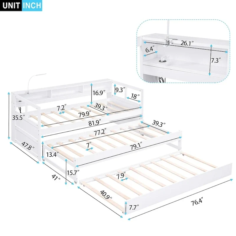 Lit de repos en bois double XL avec 2 tiroirs-lits gigognes, 3 casiers de rangement et port USB