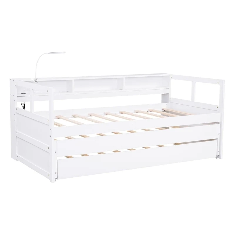 Lit de repos en bois double XL avec 2 tiroirs-lits gigognes, 3 casiers de rangement et port USB