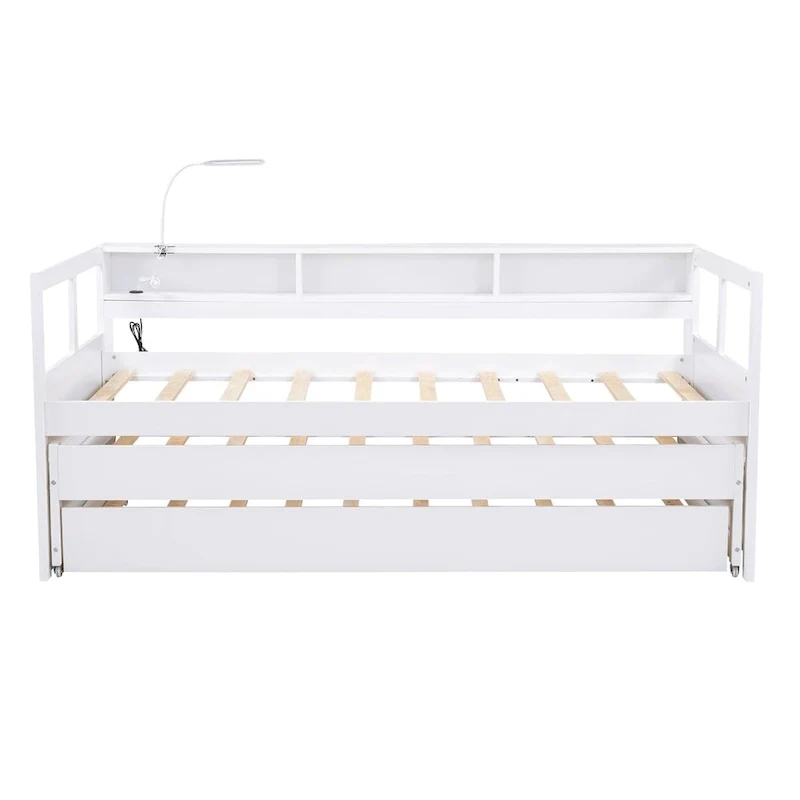 Lit de repos en bois double XL avec 2 tiroirs-lits gigognes, 3 casiers de rangement et port USB
