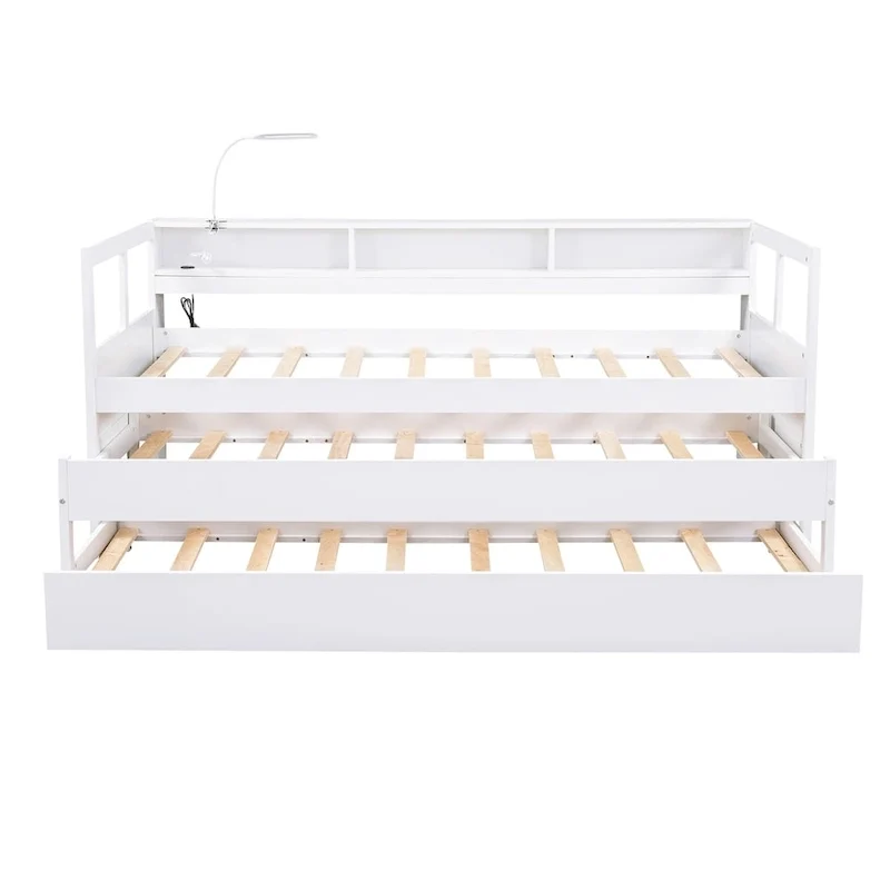 Lit de repos en bois double XL avec 2 tiroirs-lits gigognes, 3 casiers de rangement et port USB