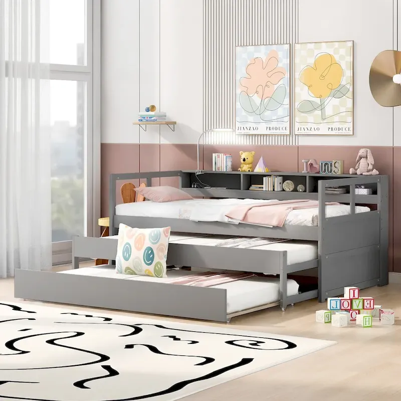 Lit de repos en bois double XL avec 2 tiroirs-lits gigognes, 3 casiers de rangement et port USB