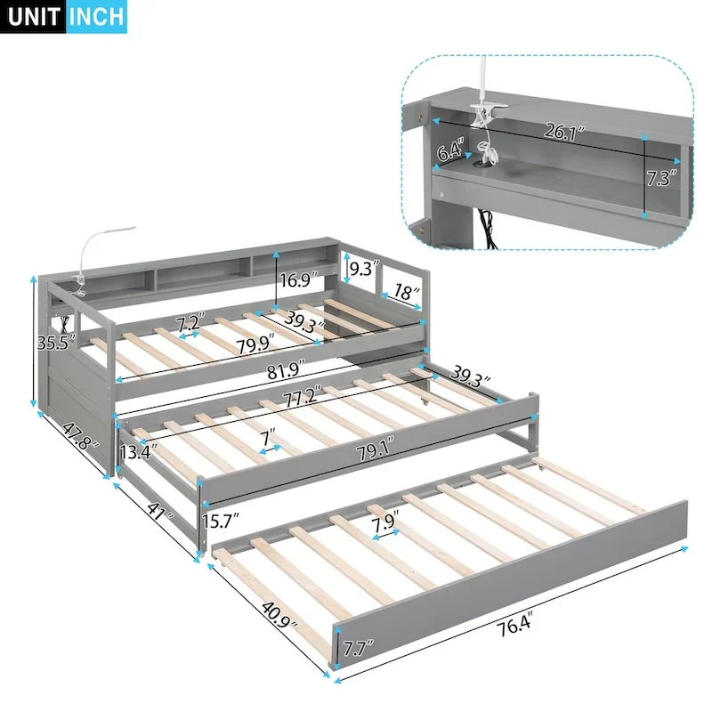 Lit de repos en bois double XL avec 2 tiroirs-lits gigognes, 3 casiers de rangement et port USB