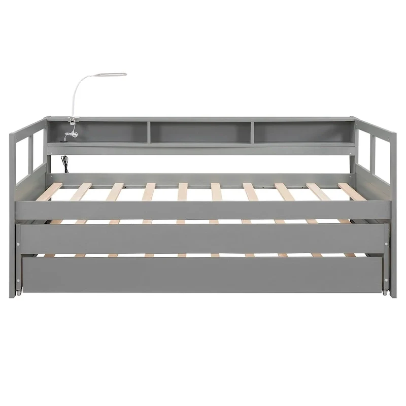 Lit de repos en bois double XL avec 2 tiroirs-lits gigognes, 3 casiers de rangement et port USB