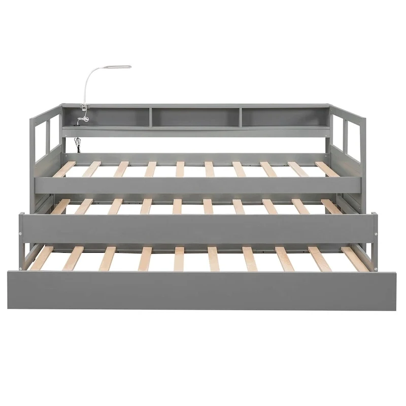 Lit de repos en bois double XL avec 2 tiroirs-lits gigognes, 3 casiers de rangement et port USB
