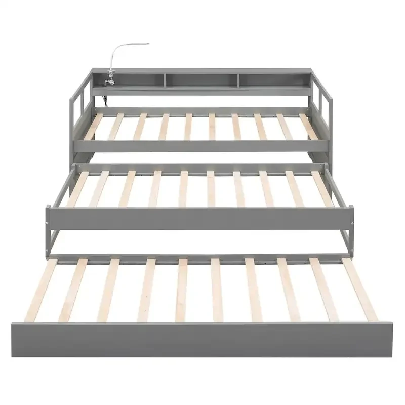 Lit de repos en bois double XL avec 2 tiroirs-lits gigognes, 3 casiers de rangement et port USB