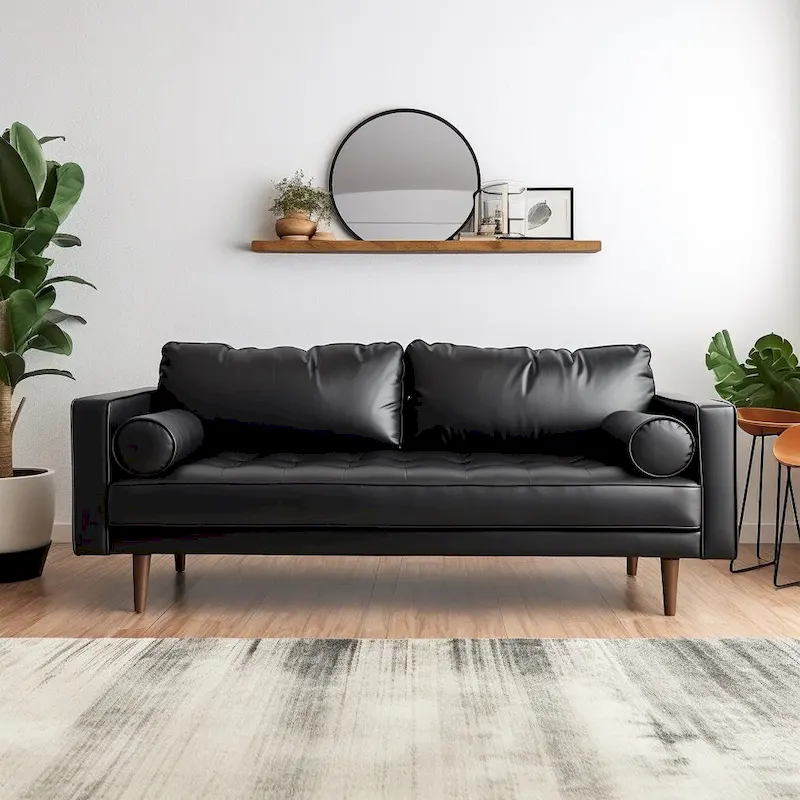 Canapé mi-siècle moderne 70 pouces en similicuir capitonné avec pieds et traversins en bois