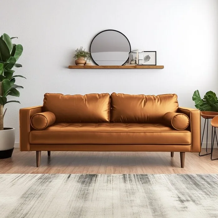 Canapé mi-siècle moderne 70 pouces en similicuir capitonné avec pieds et traversins en bois