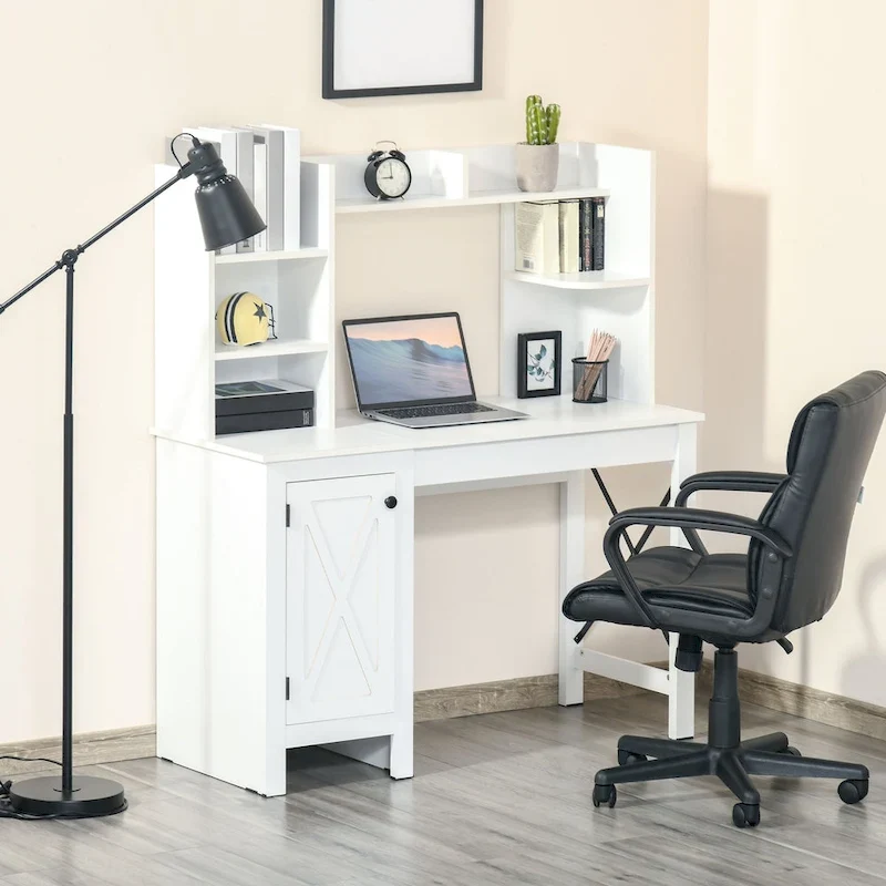 Bureau informatique de ferme avec huche, armoire à 2 portes et 8 étagères ouvertes