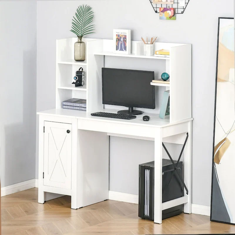 Bureau informatique de ferme avec huche, armoire à 2 portes et 8 étagères ouvertes