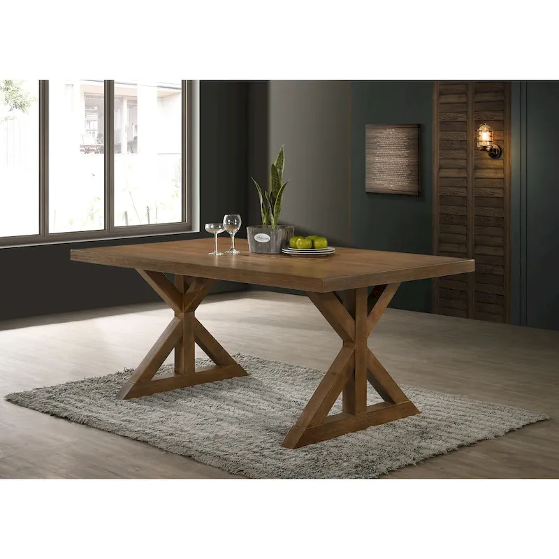 Table de salle à manger rectangulaire X-Trestle style ferme avec plateau en placage de chêne – Bois flotté brossé