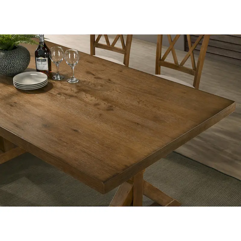 Table de salle à manger rectangulaire X-Trestle style ferme avec plateau en placage de chêne – Bois flotté brossé
