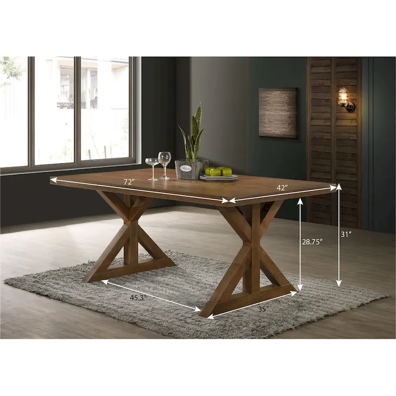 Table de salle à manger rectangulaire X-Trestle style ferme avec plateau en placage de chêne – Bois flotté brossé