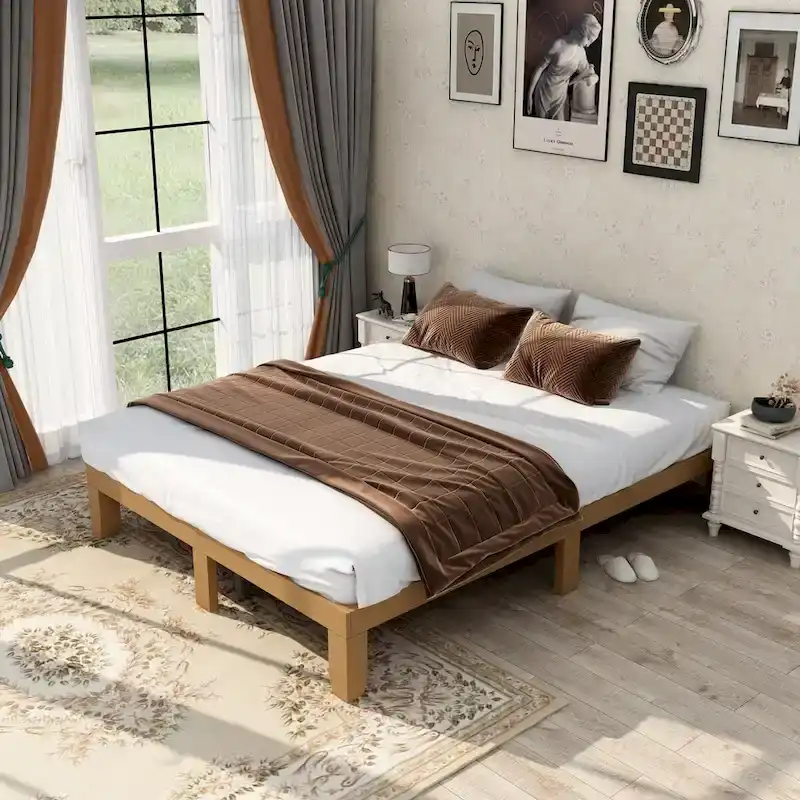 Cadre de lit plateforme en bois d'hévéa massif Queen Size – Aucun sommier tapissier requis
