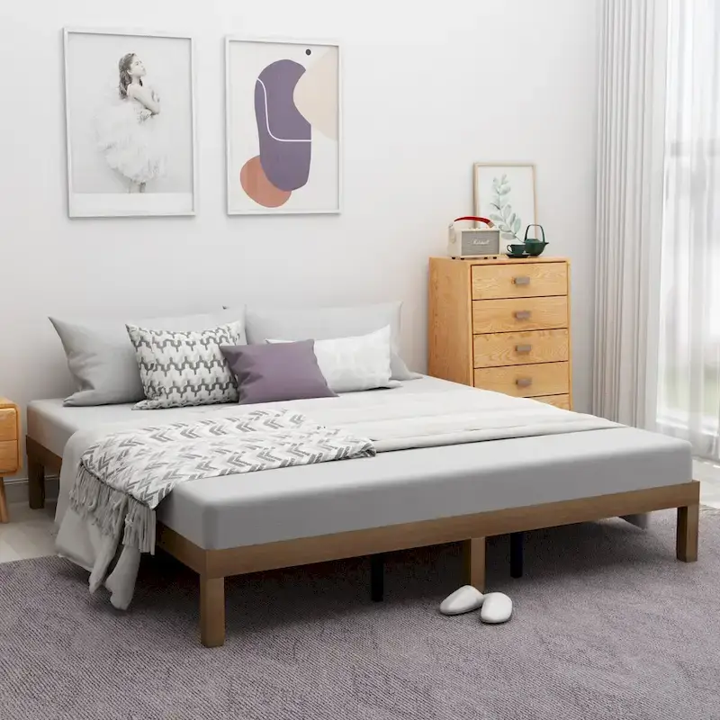 Cadre de lit plateforme en bois d'hévéa massif Queen Size – Aucun sommier tapissier requis
