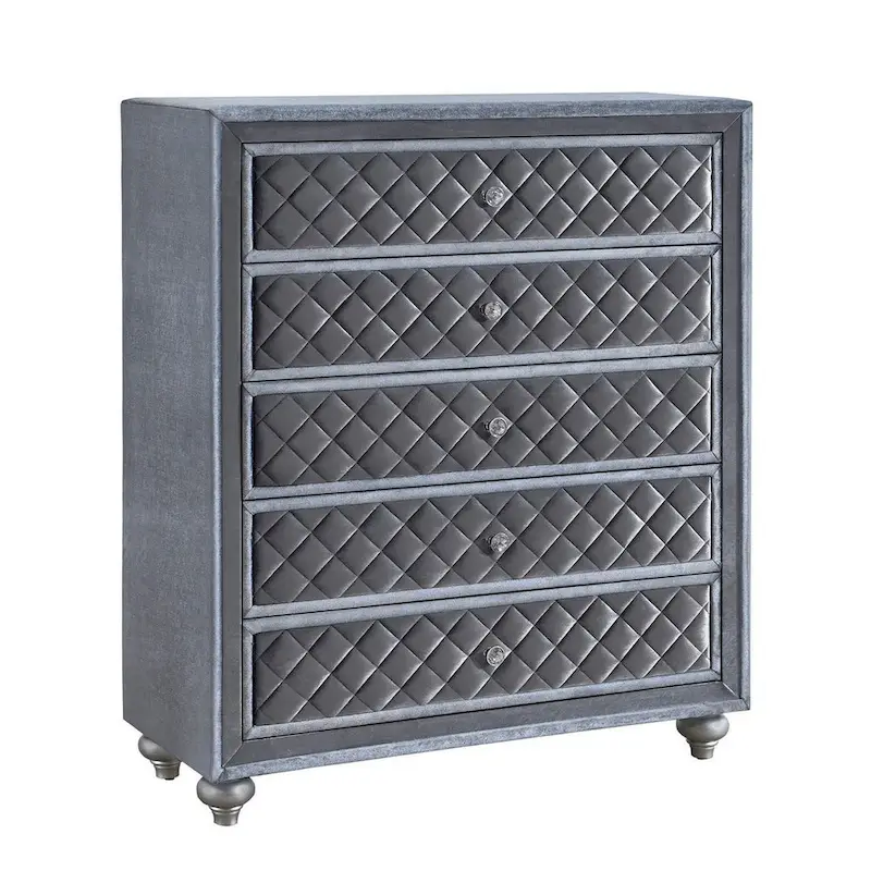 Commode 5 tiroirs de 49 pouces avec velours gris, poignées en cristal et plateau en verre