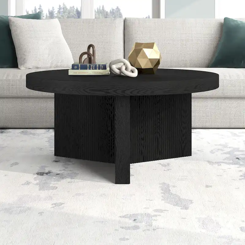 Table basse ronde scandinave de 81 cm avec base cannelée et finition aspect bois