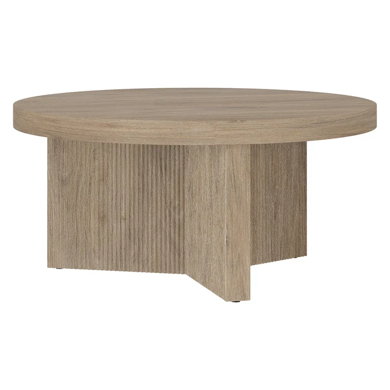 Table basse ronde scandinave de 81 cm avec base cannelée et finition aspect bois