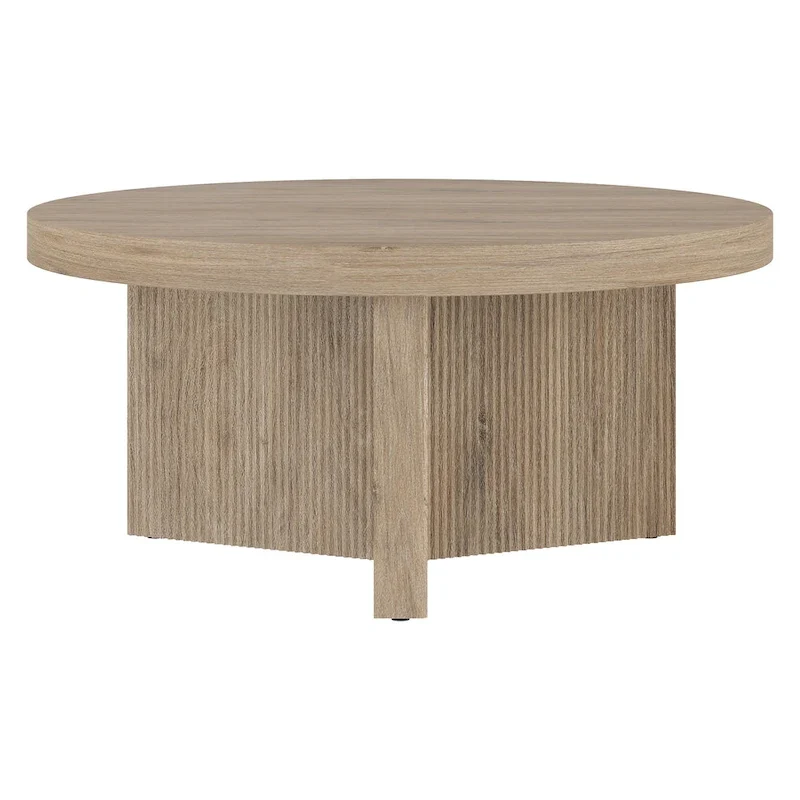 Table basse ronde scandinave de 81 cm avec base cannelée et finition aspect bois