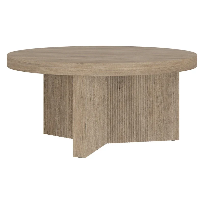 Table basse ronde scandinave de 81 cm avec base cannelée et finition aspect bois